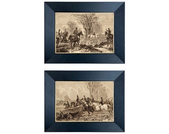 Lot de 2 gravures chasse au renard équestre derrière une vitre dans des cadres en bois noir et doré - 5 x 7 po. encadré à 7 po. x 9 po.