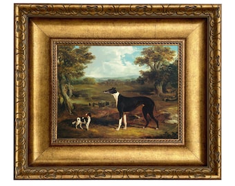 Greyhound and King Charles Spaniel Oil Painting Print on Canvas in Wide Antiqued Gold Frame