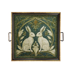 Two Rabbits Art Nouveau Style Decorative Tray with Brass Handles in 2 Sizes, Coffee Table Tray, Ottoman Tray, Spring, Easter, Decor