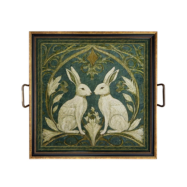 May include: A decorative serving tray with a gold frame and a green background featuring two white rabbits in an intricate floral design.