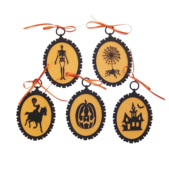 Halloween Silhouette Ornaments (Set A), Vintage Style, Set of 5