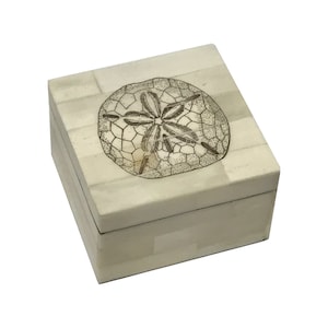 May include: A square, off-white box with a sand dollar design on the lid. The sand dollar is a detailed, dark brown illustration. The box is constructed from rectangular pieces, creating a mosaic-like appearance. The box is closed.