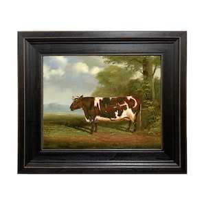 Prize Heifer Framed Oil Painting Print on Canvas, Primitive, Folk Art, Americana, Decor