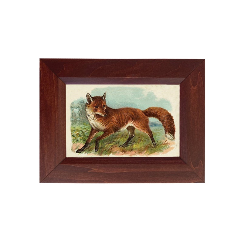 May include: A framed illustration of a red fox walking through a grassy field. The fox is facing left and has its tail curled behind it. The background is a blue sky with white clouds.