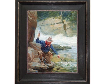Trout Fishing Framed Oil Painting Print on Canvas in Distressed Black Wood Frame