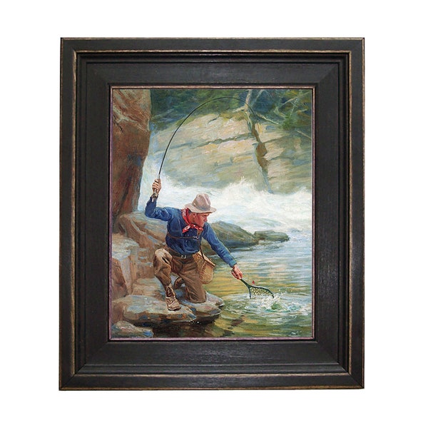 Impression de peinture à l'huile encadrée sur la pêche à la truite sur toile dans un cadre en bois noir vieilli. Un cadre de 10 x 15 po. à 13-1/2 x 18-1/2 po.