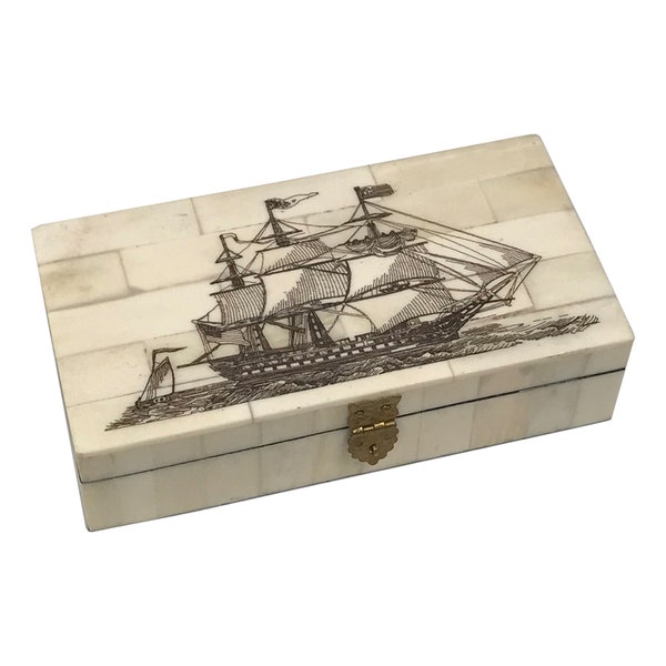 6-1/4" Ship of the Line Engraved Scrimshaw Bone Box- Antique Reproduction