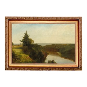 River View Scenic Landscape Framed Oil Painting Print on Canvas, Landscape Art, Vintage Landscape, Hudson River Valley, Framed Art Print