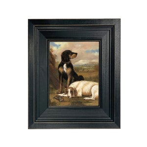 Dogs with Woodcock Oil Painting Print Reproduction on Canvas in Distressed Black Frame