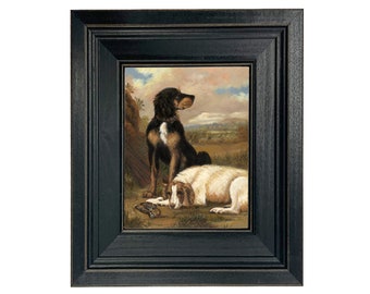 Dogs with Woodcock Oil Painting Print Reproduction on Canvas in Distressed Black Frame