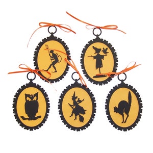 Set of 5 Halloween Silhouette Ornaments (Set B) with Orange Ribbon, Halloween Decor, Halloween Tree, Vintage Halloween, Fall Decor