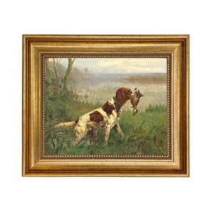 Setter and a Ruddy Duck Framed Oil Painting Print on Canvas, Hunting Dog Art, Framed Dog Print, Vintage Dog Art, Cabin Decor, Bird Dog Print
