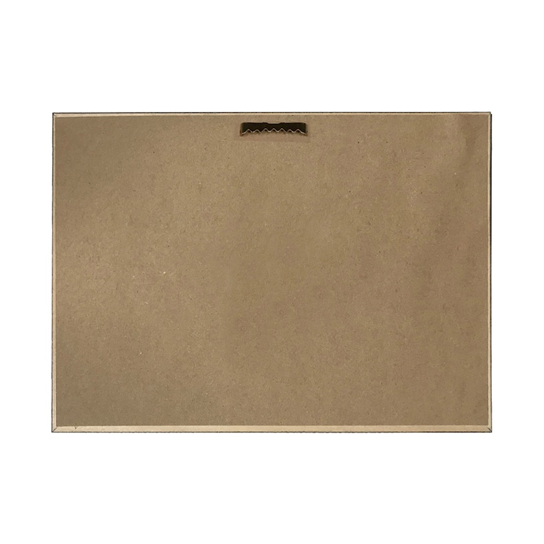 May include: The back of a brown wooden framed picture with a metal hanging hook.