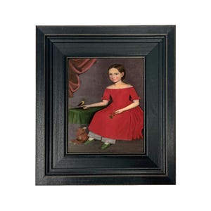 May include: Framed portrait of a young person in a red dress, seated with a bird on a table. The painting features a dark wooden frame and a muted color palette, with a teddy bear at the subject's feet. The background includes a draped curtain.