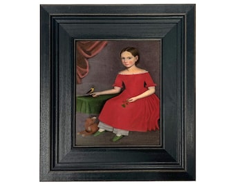 Girl with Dog and Bird, Framed Folk Art Print, Early American Decor