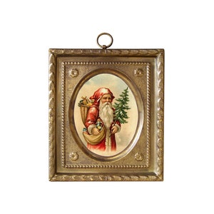 Santa Claus with Tree & Toys Print in 4-1/2&quot; Embossed Brass Frame- Antique Vintage Style