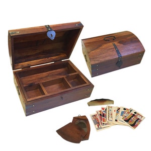 Coffre en bois de voyage colonial de 14 po comprenant un miroir de voyage en bois et des cartes à jouer du XVIIIe siècle, style vintage antique - PEIGNE NON INCLUS