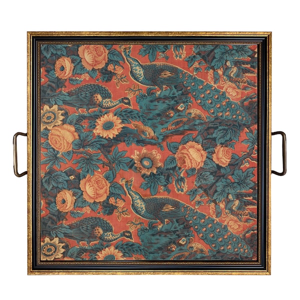 Peacock and Flower Decorative Fabric Print Tray in 2 Sizes, Antique Style, Coffee Table Tray, Ottoman Tray, Birds, Blue, Red, Decor