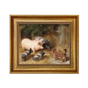 May include: A framed painting depicts a farm scene with pigs and a dog in a barn. The pigs are pink and black, and the dog is brown and white. The painting is in a gold frame.