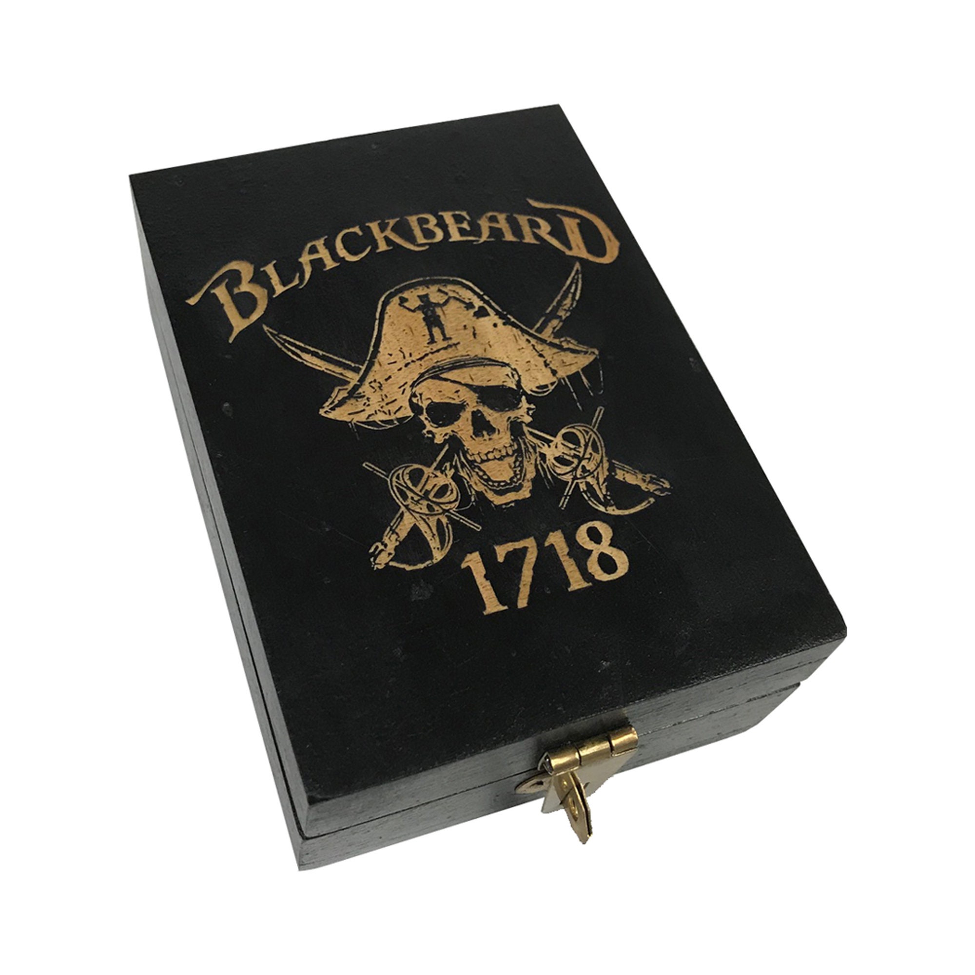 Engraved Pirate Blackbeard 1718 Black Wood Box With Pirate Playing