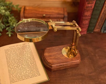 3" Antiqued Brass Desk-Top Magnifier on Solid Wood Base, Antique Vintage Reproduction, Antique Style Office Decor
