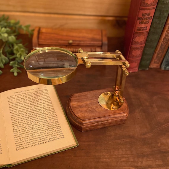 3 Antiqued Brass Desk-top Magnifier on Solid Wood Base Antique Vintage  Style 