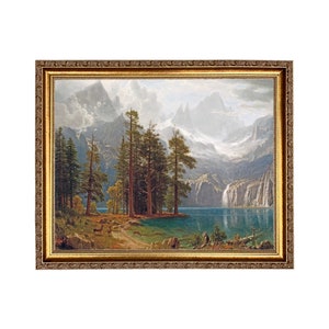 Berglandschap Sierra Nevada, Albert Bierstadt, ingelijste olieverfschilderij, reproductie op canvas
