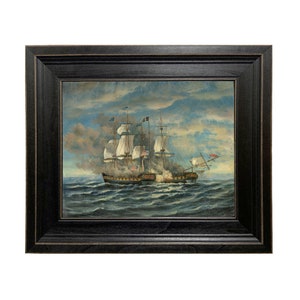 Battle of USS Constitution and HMS Guerriere Framed Oil Painting Print on Canvas in Distressed Black Wood Frame, Nautical Art, Coastal Decor