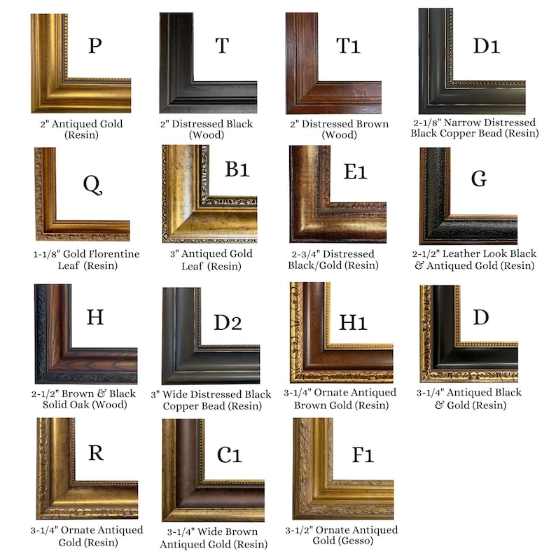 May include: A collection of frame corner samples in various styles and finishes. The samples include options like antiqued gold, distressed black, and brown, with resin and wood materials. Each corner is labeled with a letter and description.