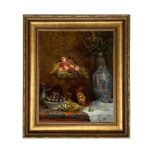 Stilleven met fruit en eekhoorn ingelijst olieverfschilderij, Frans stilleven, Frans decor, stillevenkunst, galeriemuurkunst
