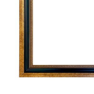 May include: A gold and black picture frame with a decorative border. The frame has a dark green inner edge and a gold outer edge with a beaded design.