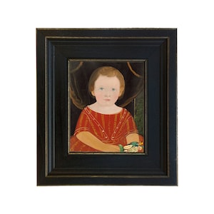 Primitive Boy in Red Framed Oil Painting Print on Canvas, Primitive Wall Art, Folk Art, Antique Nursery Decor, Colonial Style Wall Art