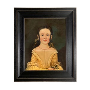 Mary Jane with Flowers Framed Oil Painting Print on Canvas, Primitive Portrait, Primitive Wall Art, Early American Decor, Colonial Style