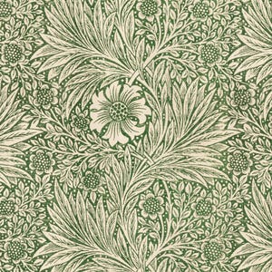 May include: A repeating pattern featuring a detailed floral design in shades of green and cream. The pattern includes large stylized flowers, leaves, and smaller floral elements, creating a classic, vintage aesthetic. This design is suitable for fabric, wallpaper, or other decorative applications.