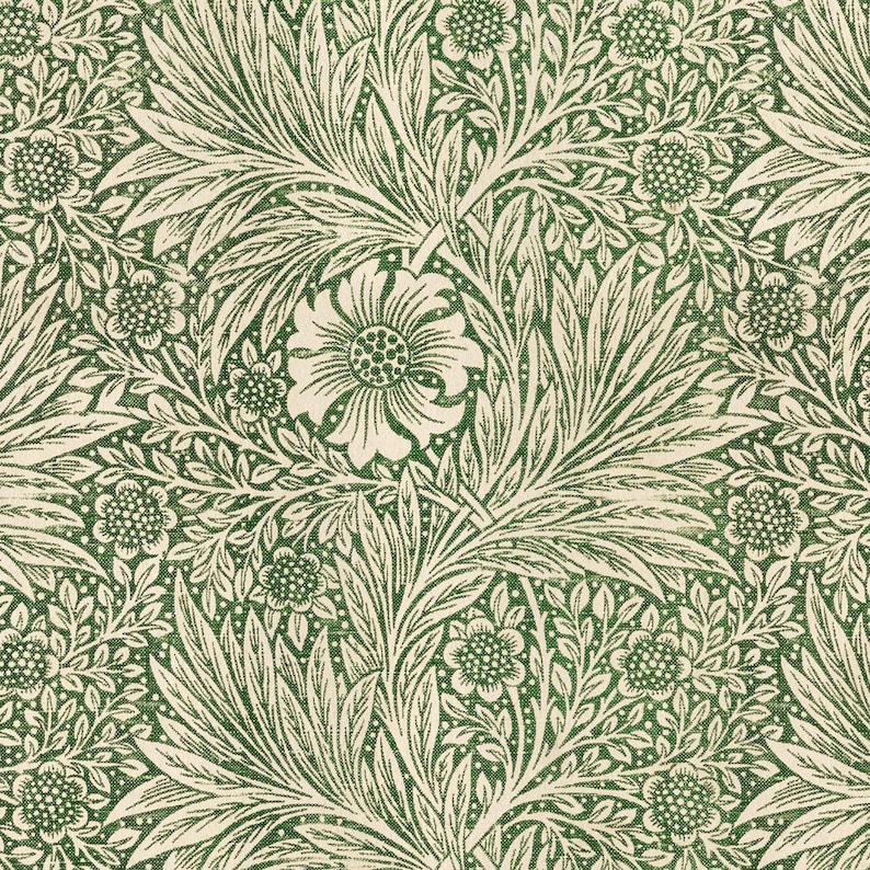 May include: A repeating pattern featuring a detailed floral design in shades of green and cream. The pattern includes large stylized flowers, leaves, and smaller floral elements, creating a classic, vintage aesthetic. This design is suitable for fabric, wallpaper, or other decorative applications.