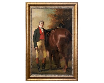 Man with Horse Framed Oil Painting Print on Canvas, English Country Portrait
