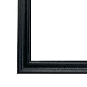 May include: Black picture frame with a simple, slightly raised, beveled edge.