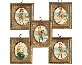 4-1/2" Nautical Victorian Prints (Set of 5) in Embossed Brass Frames- Antique Vintage Style