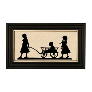 Wagon Ride Framed Paper Cut Silhouette, Antique Style Silhouette, Vintage Style Nursery Decor, Silhouette of Children