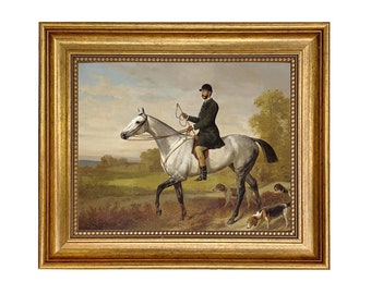 A Huntsman with Horse and Hounds by Adam Emil Framed Oil Painting Print on Canvas in Antiqued Gold Frame