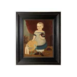 Primitive Child with Straw Hat Framed Oil Painting Print on Canvas, Primitive Portrait, Early American Decor, Antique Style Nursery