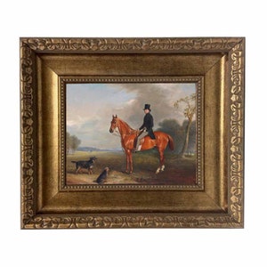 Sir Montague Welby on a Chestnut Hunter with Terrier by John Ferneley Snr Framed Oil Painting Print on Canvas in 3-1/4&quot; Antiqued Gold Frame