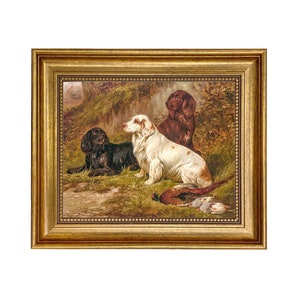 Spaniels at Rest Framed Oil Painting Print on Canvas, Hunting Dog Art, Vintage Dog Art, Pheasant Hunt Print, Rustic Cabin Decor