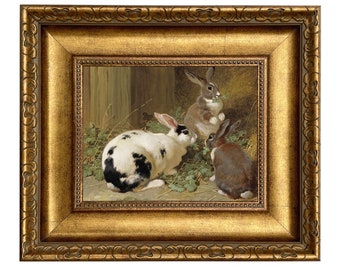 Three Rabbits Framed Oil Painting Print on Canvas in Wide Antiqued Gold Frame