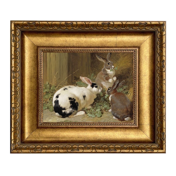 Three Rabbits Framed Oil Painting Print on Canvas in Wide Antiqued Gold Frame