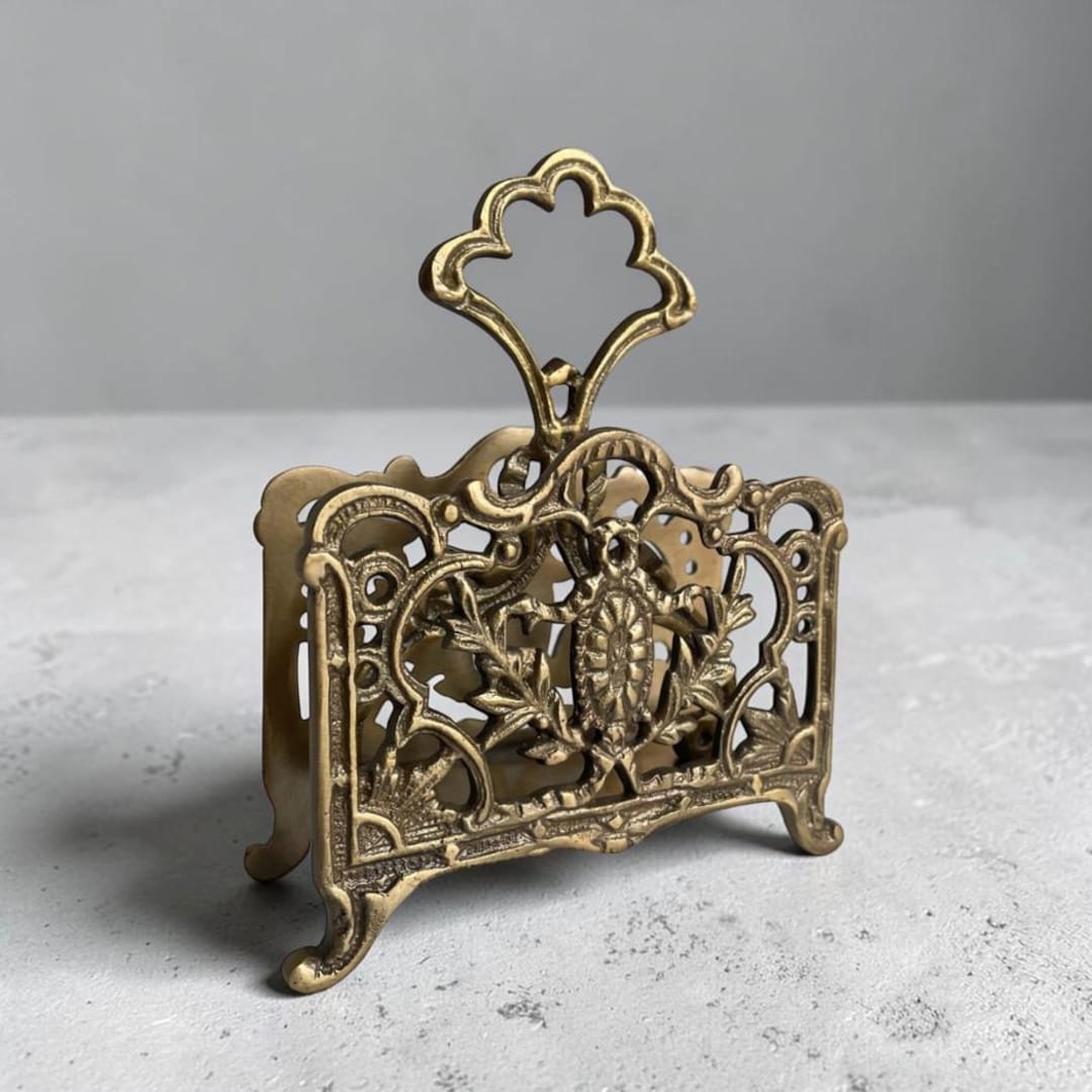 5" Antiqued Brass Napkin or Letter Holder- Antique Vintage Style