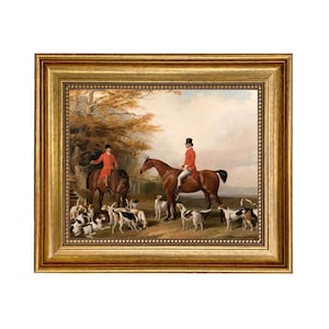 The Meeting Fox Hunt Scene Oil Painting Print Reproduction on Canvas in Antiqued Gold Frame
