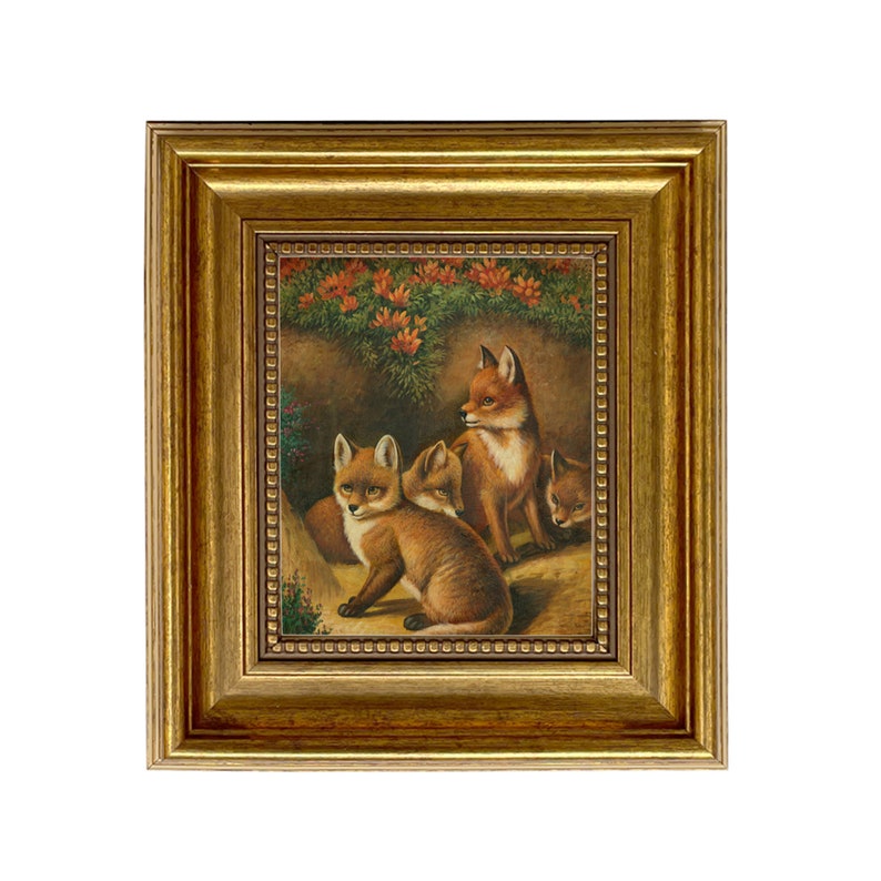 Four Young Foxes Framed Oil Painting Print on Canvas in Antiqued Gold Frame 5" x 6"