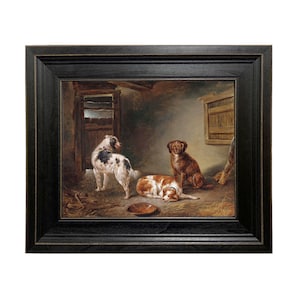 Honden wachten op diner ingelijst olieverfschilderij print op canvas, vintage stijl hond print, jachthond kunst, jachthut decor, hond kunst aan de muur