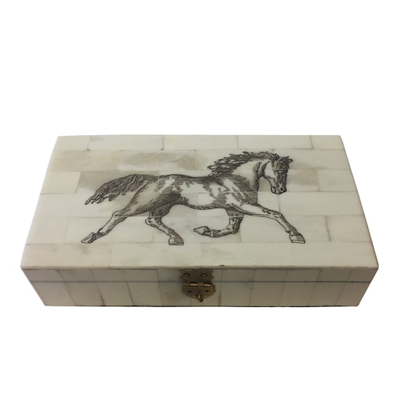 6-1/4" Horse Equestrian Engraved Bone Box- Antique Reproduction